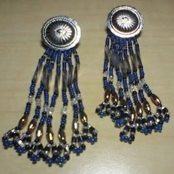 Silver Tone Blue Glass Beads Pierce Earrings 3" Long - Picture 1 of 10